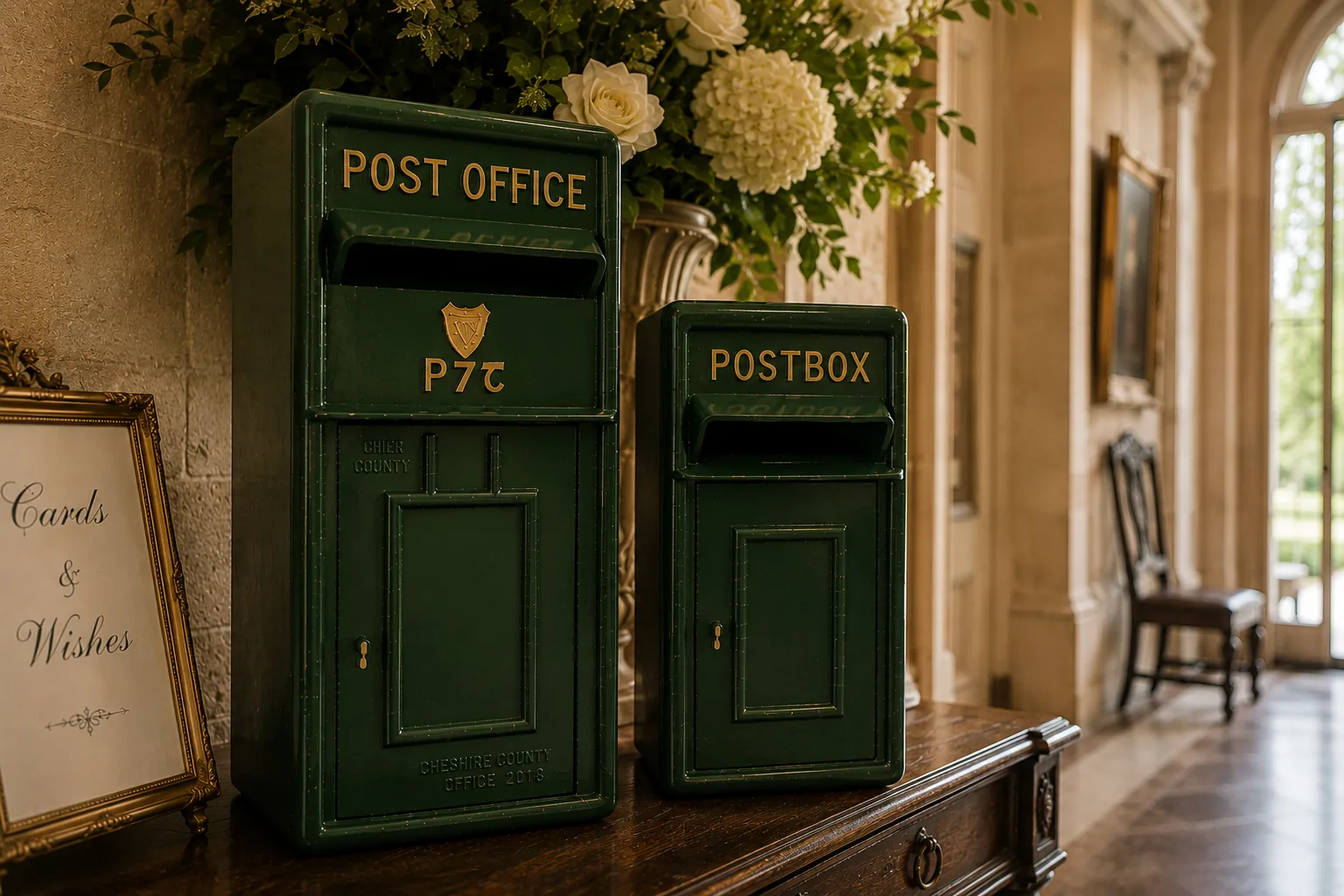 Cast iron post box styled on a wedding venue table
